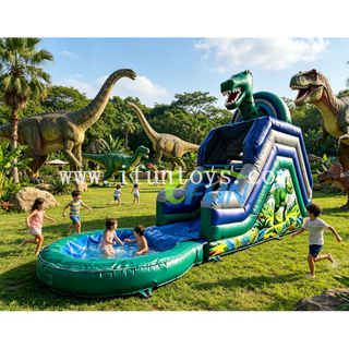 Heavy Duty T-Rex Inflatable Jurassic Park Water Slide Custom Durable PVC Tarpaulin Inflatable Slide with Removable Pool