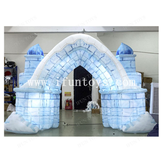 Winter Theme Ice Carving Castle Inflatable Archway with LED Light for Christmas Holiday Event Party