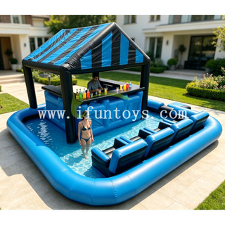 Giant Inflatable Swim Up Pool Bar Multi Person Floating Water Lounge Island Commercial Swimming Pool Bar Set with Canopy