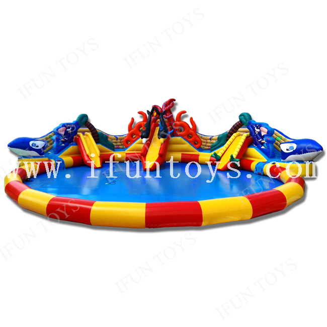 Attraction Whale Inflatable Play Ground Water Park / Aqua Park with Swimming Pool for Summer