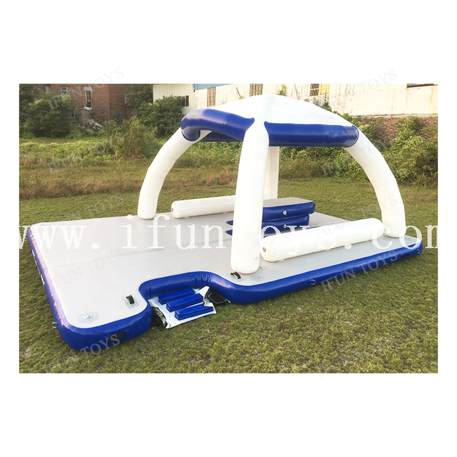 Drop Stitch Inflatable Floating Dock Platform / Floating Dock Lounge Island / Inflatable Island Floating Lounge with Canopy