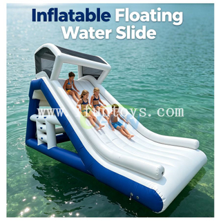 PVC Inflatable Floating Triangular Water Slide Heavy Duty Water Park Island Slide with Canopy for Lake Pool River/Backyard