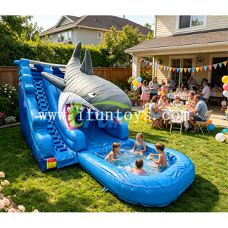 Durable Outdoor Inflatable Shark Slide with Detachable Water Pool 2 in 1 Wet and Dry Water Slide for Backyard & Event Hire