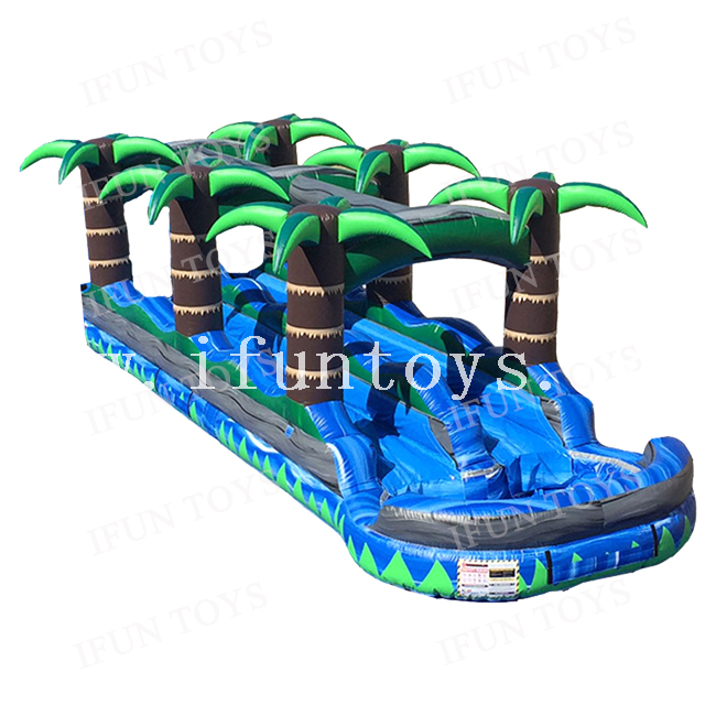 Tropical Theme Marble Vinyl Inflatable Fireblast Slip N Slide Palm Tree Double Lanes Water Slip Slide with Pool for Kids