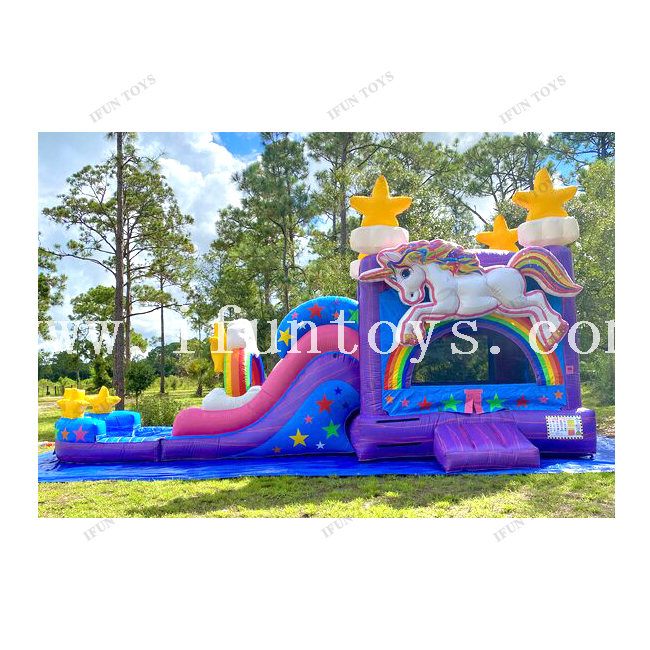 Marble Color Inflatable Unicorn Bounce House Water Slide Combo / Jumping Bouncer Slide with Swimming Pool and Basketball Hoop