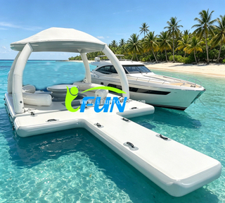 Luxury Inflatable Floating Boat Dock Platform T-Shape Drop Stitch Yacht Jet Ski Island Floating Water Party Sofa Lounge With Tent Canopy