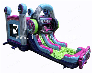 Glitch Video Gamer Combo Video Game Inspired Inflatable Bounce House with Slide And Water Pool for Kids Birthday Party Rental