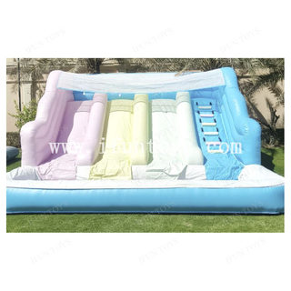 Pastel Colorful Multiple Slides With Ball Pit Jumping Slide Ball Pool Inflatable Triple Lanes Water Slide for Party Rental