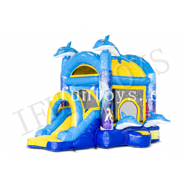 Inflatable Jumpy Extra Fun Dolphin Jumping Bouncy Castle with Slide for Kids