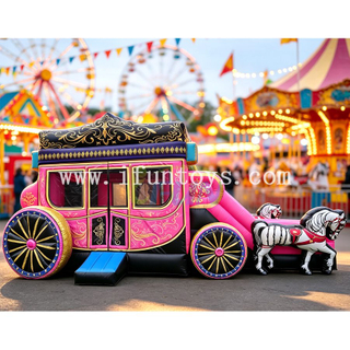 Commercial Pink Princess Carriage Inflatable Bounce House Dual Lane Slide Combo with Horses for Party Rental Business