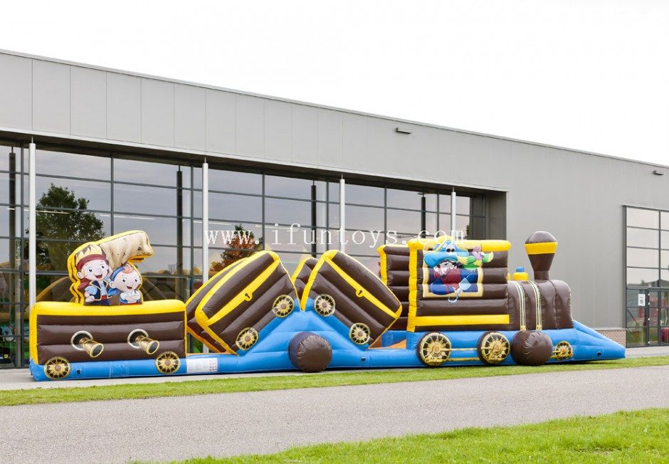 New design inflatable pirate theme train obstacle course for kids/inflatable bounce combo play tunnel for sale