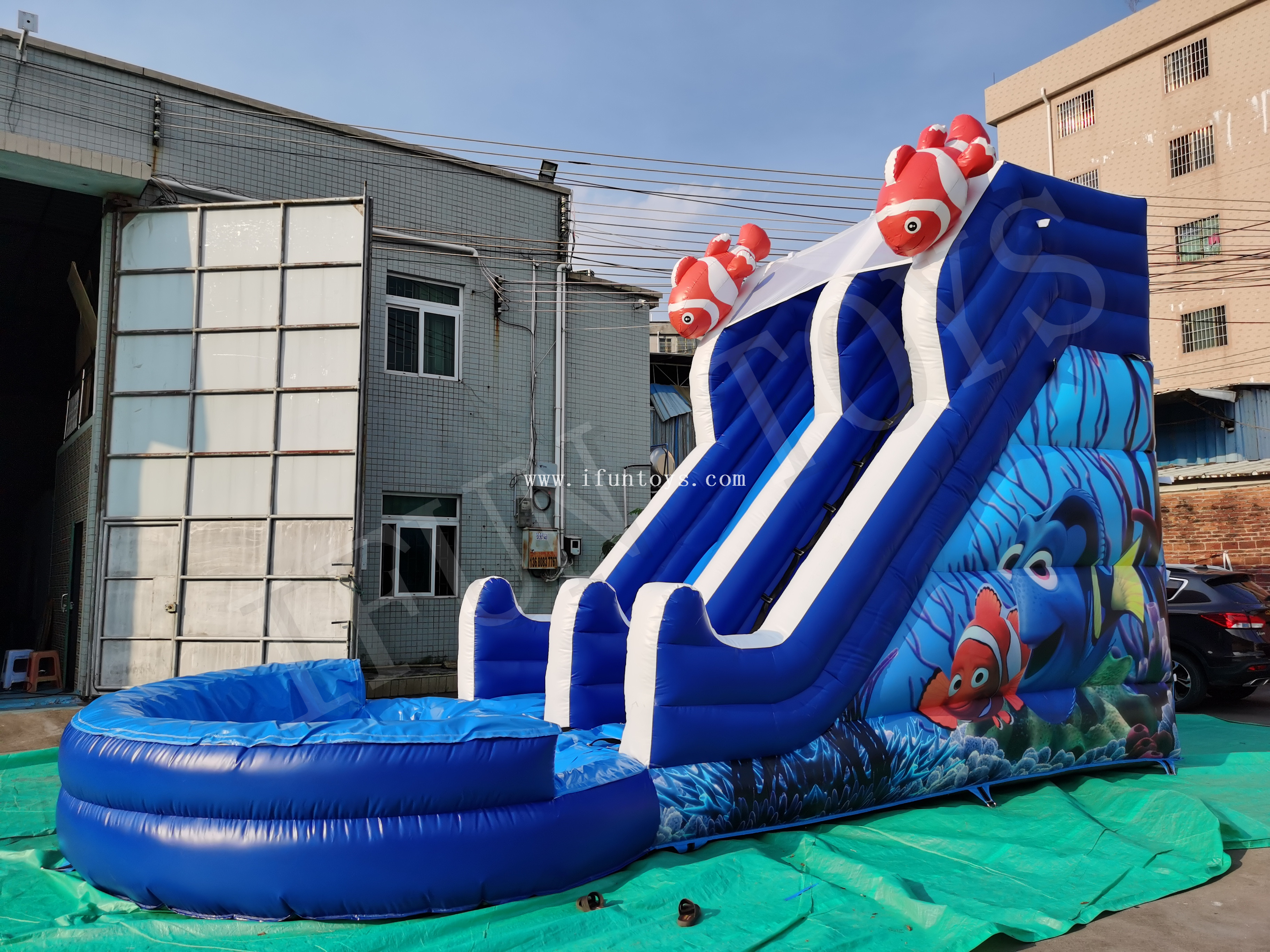 Ocean Sea Theme Inflatable Water Slide with Pool / Golden Fish Wateslide for Kids