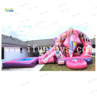 Pink girls inflatable barbies bounce house water slide bouncy castle combo party inflatable bouncer for kids