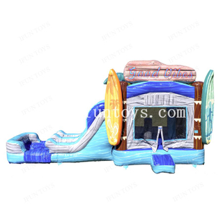Good Vibes Combo Inflatable Surf-Themed Jumping Bouncy House with Dual Lane Slide and Pool for Outdoor Party