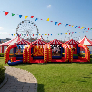 4-in-1 Modular Inflatable Carnival Sports Game Interactive Combo Separable 4 Stations Basketball Soccer Baseball Bowling for Event Rental