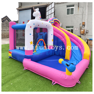 Rainbow Unicorn Inflatable Bounce House Slide Combo Kids Outdoor Water Park Bounce Castle with Splash Pool Water Cannon