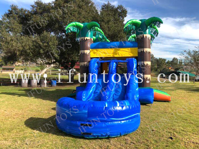 Maui Dual Lane Inflatable Bounce And Slide Combo / Tropical Bounce House / Jumping Castle Combo with Basketball Hoop for Kids