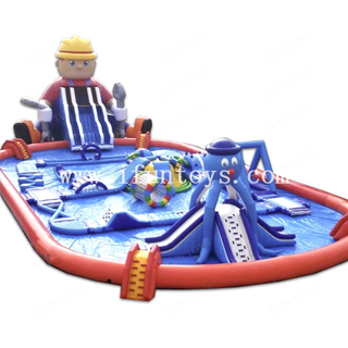 Building Block Man Theme Inflatable Land Water Park Water Pool Park Combo Slide Inflatable Fun Island City on Play Ground