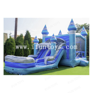 Ocean Blue Dual Lane Combo Inflatable Jumping Bouncer House with Slide and Detachable Pool Basketball Hoop for Backyard Party