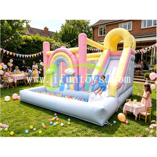 Pastel Macaron Rainbow Inflatable Bouncer Combo with Ocean Ball Pit and Slide Commercial Grade Inflatable Jumping Castle for Kids Party