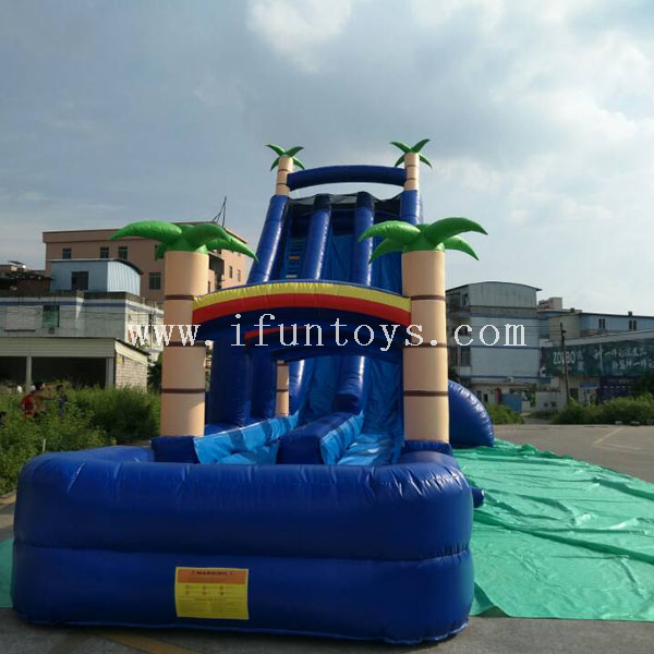 Cheap tiki island inflatable water slide inflatable slip N slide with palm tree for kids
