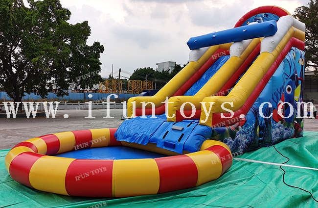 Ocean Theme Commercial Mobile Land Inflatable Ground Water Park with Pool Slide / Inflatable Big Pool with Slide for Kids