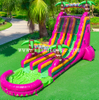 22FT Magenta Dual Lane Slide Plam Tree Tropical Themed Inflatable Double Lane Water Slide with Pool for Backyard Party