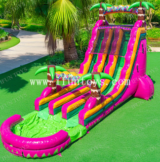 22FT Magenta Dual Lane Slide Plam Tree Tropical Themed Inflatable Double Lane Water Slide with Pool for Backyard Party