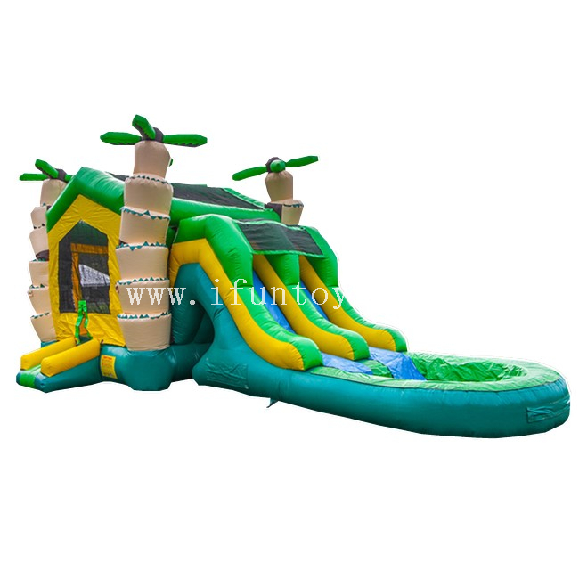 Inflatable Tropical Wet Dry Combo / Air Water Slide Bouncy House / Water Slide Combo with Pool